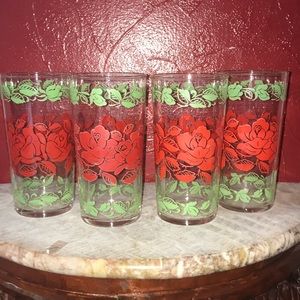 Libby VTG Red/Green Rose Tumblers Drinking Glass-4